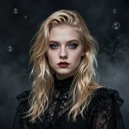 modeling photograph kerli koiv, blonde, beautiful, dark, mysterious, bubble goth, detailed face, half body shot, fog dramatic, teen