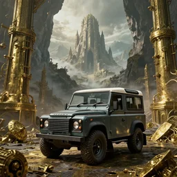 Land Rover Defender 110 (1985), The Elder Scrolls V: Skyrim, Markarth, Understone Keep is seen in the distance inside a mountain, The Reach, ancient brass dwemer ruins, brass debris, brass and steam technology, an epic fantasy, dramatic lighting, cinematic, establishing shot, extremely high detail, photorealistic, cinematic lighting, artstation, by simon stalenhag
