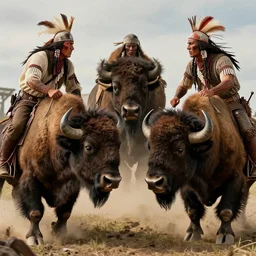 wood punk, motorized indians  attacking bisons, action scene, an epic western, dramatic lighting, cinematic, establishing shot, extremely high detail, photorealistic, cinematic lighting, artstation, octane render, old photo, buffalo hunt movie, alpha movie, western, ultra sharp, clean symmetrical faces, high detail, intricate,hypermaximalist,hyper realism