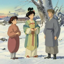 tang dynasty, winter, in the style of studio ghibli, j. c. leyendecker, greg rutkowski, artem