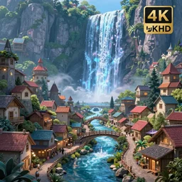 magical fantasy town, background : giant bioluminscent waterfall, quaint vibes, epic fantasy, ultra hd render + 4 k uhd + immense detail + very crisp and clear image