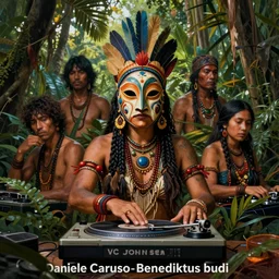 an indigenous woman with mask deejing with a turntables in the jungle, poster art by daniele caruso, benediktus budi, jason edmiston, vc johnson, powell peralta