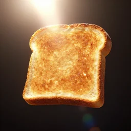 octane render of a piece of toast lit by bright sunlight from behind, volumetric lighting, rich colors, cinematic, weta workshop, lens flare