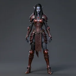 full body portrait of a beautiful female night elf warrior with grey skin and red eyes. black hair. sombra hair cut. full set of leather armour, yoshitaka amano,
