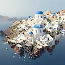 Matte painting of a broken floating landscape. Santorini style village. Fantastical, elaborate, detailed digital art trending in artstation