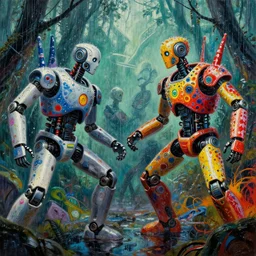 a beautiful intricate painting depicting epic battle between two self aware ai robots in cyberpunk rainforest, near future, realism, heroic, american style, jackson pollock, polkadot thrash, artstation trending, 1 st place, winner, concept art, fine details, alex ross, deviant art,