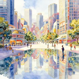 a beautiful insanely intricate watercolor illustration of modern plaza, reflexions, colorfull, by william turner art, by greg rutkowski, by james jean, by rossdraws, by frank franzzeta, by sakimichan, by edmund dulac, trending on artstation, insanely detailed, masterpiece,
