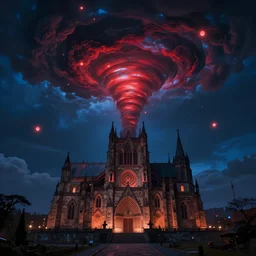 old cathedral, glowing balls, tornado, symmetry!!!, clouds, surrealism, dark atmosphere, blue color, dark red color, glowing orbs, glowing lights, surreal, infographic, epic fantasy, digital art, concept art, detailed illustration, hd, 4 k, highly saturated colors, digital art, mike franchina, trending on artstation