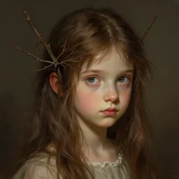 a mischievous small girl with branches in her brown hair, highly detailed, digital painting, artstation, concept art, smooth, sharp focus, illustration, art by artgerm and greg rutkowski and alphonse mucha