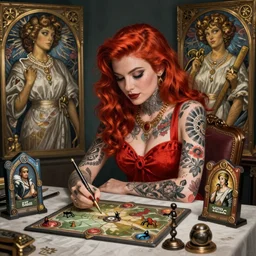 redheaded tattooed pinup halston sage sitting at table playing dnd, deep focus, d & d, fantasy, intricate, elegant, highly detailed, digital painting, artstation, concept art, matte, sharp focus, illustration, hearthstone, art by artgerm and greg rutkowski and alphonse mucha.