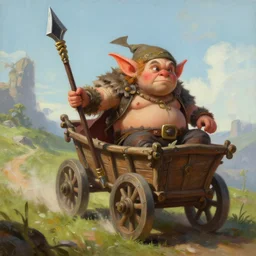 painting of chubby goblin riding in a rickety wooden cart rolling down a hill holding a lance, fantasy art, magic : the gathering art, by diterlizzi
