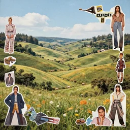 a beautiful strange surreal collage of a rolling arcadia landscape, made in a magazine clipping collage style, cutout collage, clippings of a fashion magazine, made by a depressed art student