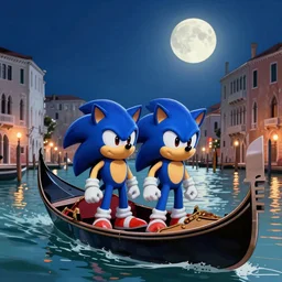 Sonic the Hedgehog and Shadow the Hedgehog in a gondola in Venice, moonlit sky, romantic, award winning