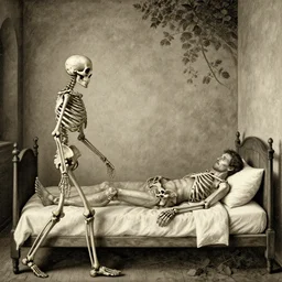 a skeleton walking towards a man who is lying on a bed, in the style of Hieronymus Bosch.