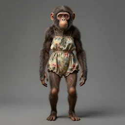 australopithecus woman with a detailed face and eyes, fur, wearing a flowery romper, detailed legs, fantasy, intricate, full body shot, highly detailed, digital painting, artstation, concept art, wallpaper, smooth, sharp focus, realistic photo by artgerm and greg rutkowski and alphonse mucha
