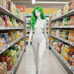 Woman with green hair and white skin, walking to the super market ,light lighting, digital art, trending on artstation, oil on canvas
