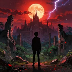 populated bloodborne old valley with a obscure person at the centre and a ruined gothic city in the background, trees and stars in the background, falling red petals, epic red - orange moonlight, perfect lightning, wallpaper illustration by niko delort and kentaro miura, 4 k, ultra realistic