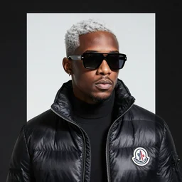 black man in moncler jacket and sunglasses, platinum print,