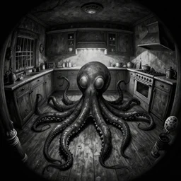 dark palette emo black, fisheye, naive, extra narrow, detailed illustration of an unlit kitchen, large floor, octopus shaped by rhads from nightmare before christmas
