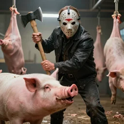 a photorealistic picture of an evil man with a mask resembling jason voorhees using his own axe to kill a pig in the slaughterhouse