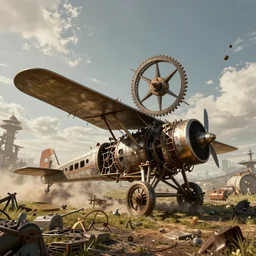 A mechanical gyroscope airplane with a train crashing into the back of it, steampunk, style