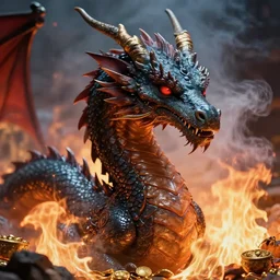 close-up portrait film still, beautiful dragon with wet skin in a pit of fire, smoke, volumetric lighting, treasures of gold, trending on artstation, blizzard concept artists, cinematic, hyper realism, high detail, octane render, high contrast, vibrant, Frank frazetta , 8k