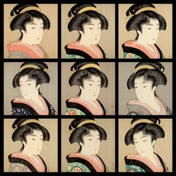 nine portraits arranged in three rows and three columns of : a beautiful woman in the style of ukiyo - e, ultra detailed, intricate