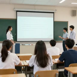 a group of five students presenting in front of classroom, very detailed, unreal engine