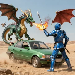 blue knight attacking dragon, overturned green car in desert, fine art, battle, duel, sword, breathing fire, cgsociety, trending, realistic, fantasy, 4 k, artstation