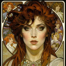 realistic detailed face portrait of Siouxsie Sioux by Alphonse Mucha, Ayami Kojima, Amano, Charlie Bowater, Karol Bak, Greg Hildebrandt, Jean Delville, and Mark Brooks, Art Nouveau, Neo-Gothic, gothic, rich deep moody colors
