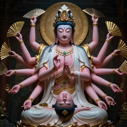 the character design in chinese mythology, guanyin bodhisattva, blue and pink skin, dark hair upside down, agate jewelry necklace, gold silk and flowers with crown, the twelve hands were fanned out symmetrically, white silk coat, symmetrical, by craig mullins, greg rutkowski, fenghua zhong, pete morbacher, buddhism, religion light, khaki and gold and dark scheme, artstation, ultra detailed, cinematic lighting, ominous, depth of field, cgsociety, artgerm, rendering by octane, unreal engine