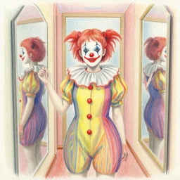colour pencil drawing of a Clown girl in a hallway of mirrors