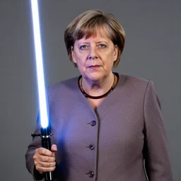 angela merkel posing with her lightsaber