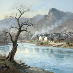a gorgeous bleak spring landscape painting by barlowe wayne maxfield parrish and marco mazzoni. tree no leaf, no flower!! sunny morning, china mountain village!! smoke curling up, grey blue and light verdancy. the lake ice is melting. the winding stone steps. ultra clear detailed. 3 d, octane render. chinese wuxia. 8 k