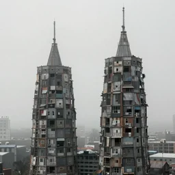 two towers, made up of makeshift squatter shacks, misty, dystopia, hasselblad x 1 d, fully frontal view, very detailed, photographed by ansel adams