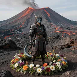 a half - dragon warrior, standing in a volcano landscape, natural lighting, a small circle of flowers around him, very detailed, 8 k, by dante gabriel rossetti, artgerm
