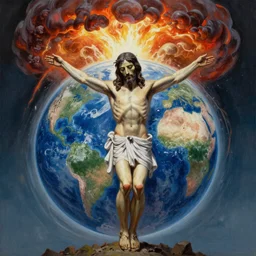 ultrarealistic mixed art painting of a skull face Jesus Christ standing tall with the earth sphere in background, drowning into thermonuclear blast mushroom, praying for peace