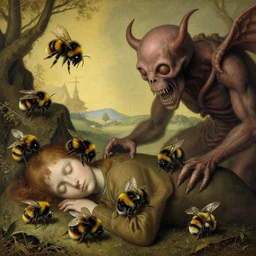 bumblebees attacking sleeping people in hell, art by bosch and h. r. giger, highly detailed, masterpiece