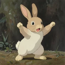 a Lop rabbit standing up, by studio ghibli painting, by Joaquin Sorolla rhads Leyendecker, An aesthetically pleasing, dynamic, energetic, lively, well-designed digital art, by Ohara Koson and Thomas Kinkade, traditional Japanese colors, superior quality, masterpiece
