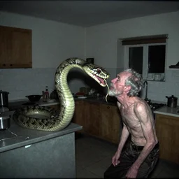 a gigantic snake eating an old skinny man in a stalinist style kitchen, mini dv camera found footage, very very low quality picture, heavy grain, caught on security camera, heavy jpeg artifact, night vision very blurry, caught on trail cam, 1 4 4 p, ultra wide lens
