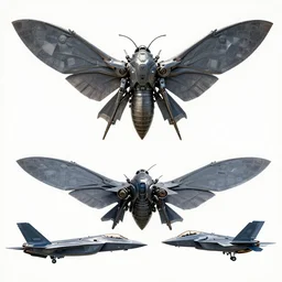 cyberpunk moth with wings spread, gunmetal grey, very symmetrical, orthographic view, top down view, bottom view, side view, blueprints, mecha, lockheed martin f - 3 5 lightning ii, fighter jet, cybernetic, robotic, highly detailed, artstation, autodesk maya, super realistic, unreal engine
