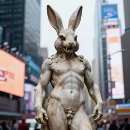 a realistic renaissance sculpture of a very scary bunny with sharp teeth made by michelangelo, standing in times square, 3 d render, hyper detailed, sharp focus, 8 k resolution