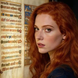 beautiful redhead woman, illuminated manuscript, closeup