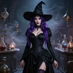 an insanely detailed portrait of a beautiful witch with long dark purple hair standing in an smoky alchemy lab, tightly fitting black ornate dress and black witch hat, in the style of peter mohrbacher, artgerm, dramatic lighting and composition, octane render, trending on artstation, concept art 8 k