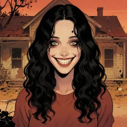 artgerm, joshua middleton comic cover art, pretty serial killer maika monroe creepy smiling, full body, symmetrical eyes, symmetrical face, long curly black hair, abandoned house background, warm colors