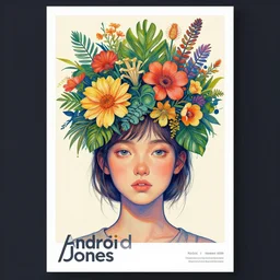 a painting of a beatiful young girl with a lot of flowers and plants on its head, poster art by android jones, behance contest winner, generativ line art