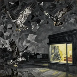 lonely night hawks, painting by shaun tan, detailed, intricate, torn paper decollage, high contrast noir, oil on canvas by edward hopper, ( by mattias adolfsson ), by moebius