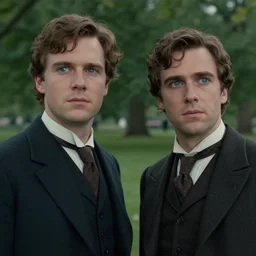 sharp, highly detailed, film from a 2 0 1 9 sci fi 8 k movie, two time travelers appear in a park in 2 0 1 9, one traveler from 1 9 5 0 and one from 1 9 0 0, wearing correct era clothes, atmospheric lighting, in focus, reflective eyes, 3 5 mm macro lens, live action, nice composition