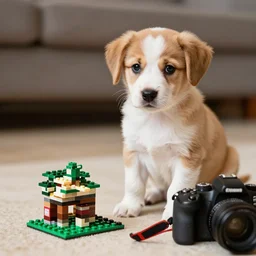 a puppy sitting next to legos, dslr, close up, f4.3