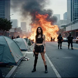 Cinestill 50d candid extreme wide shot of a poor techwear mixed woman with tattoos outside of a futuristic Los Angeles on fire, homeless tents on the side of the road, military police, cyberpunk, 4k, extreme long shot, desaturated, full shot, action shot, blurry, high resolution, 4k, 8k, hd, full color